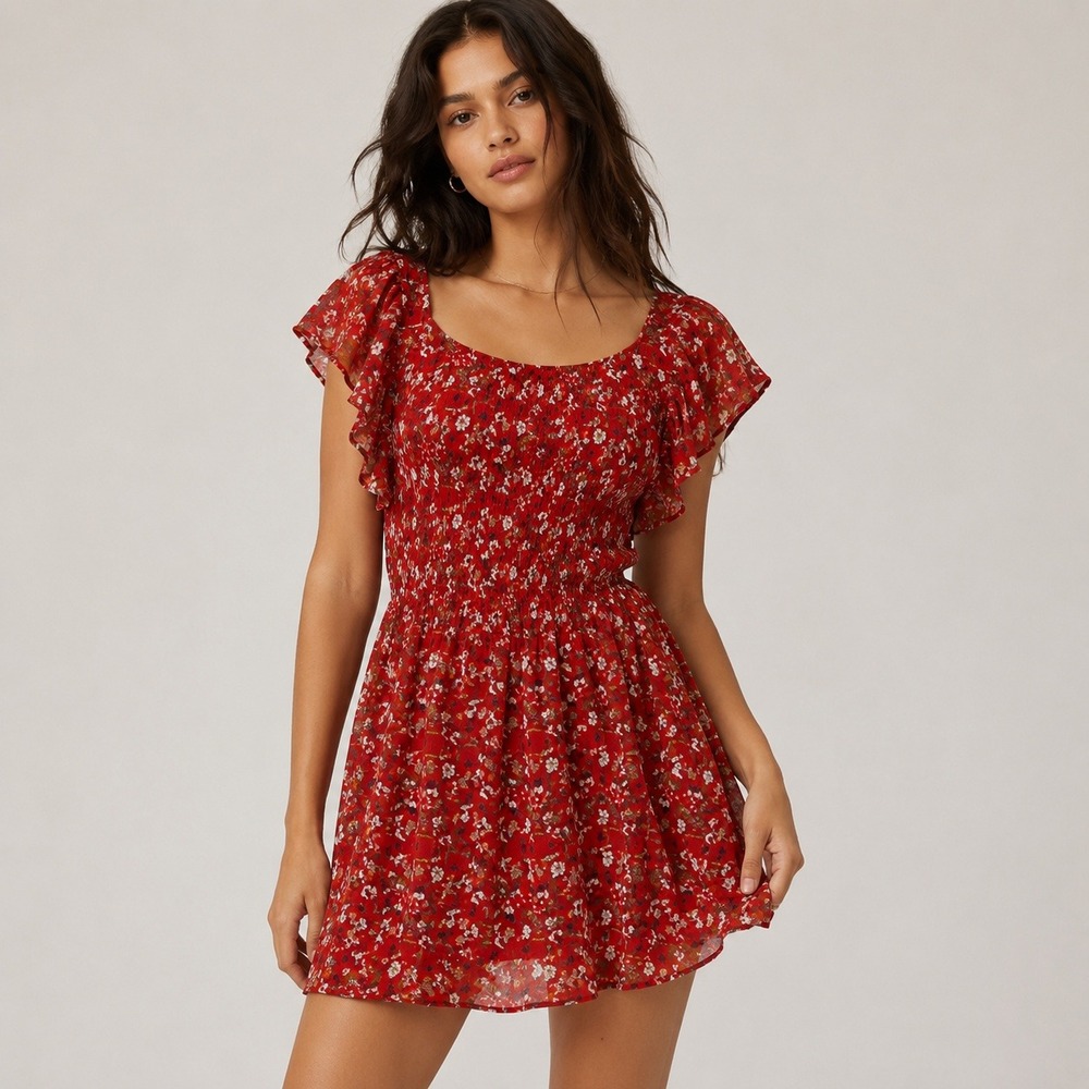 Urban Outfitters Women's sz 2 See & Soar Red floral Zipper Flutter Sleeve